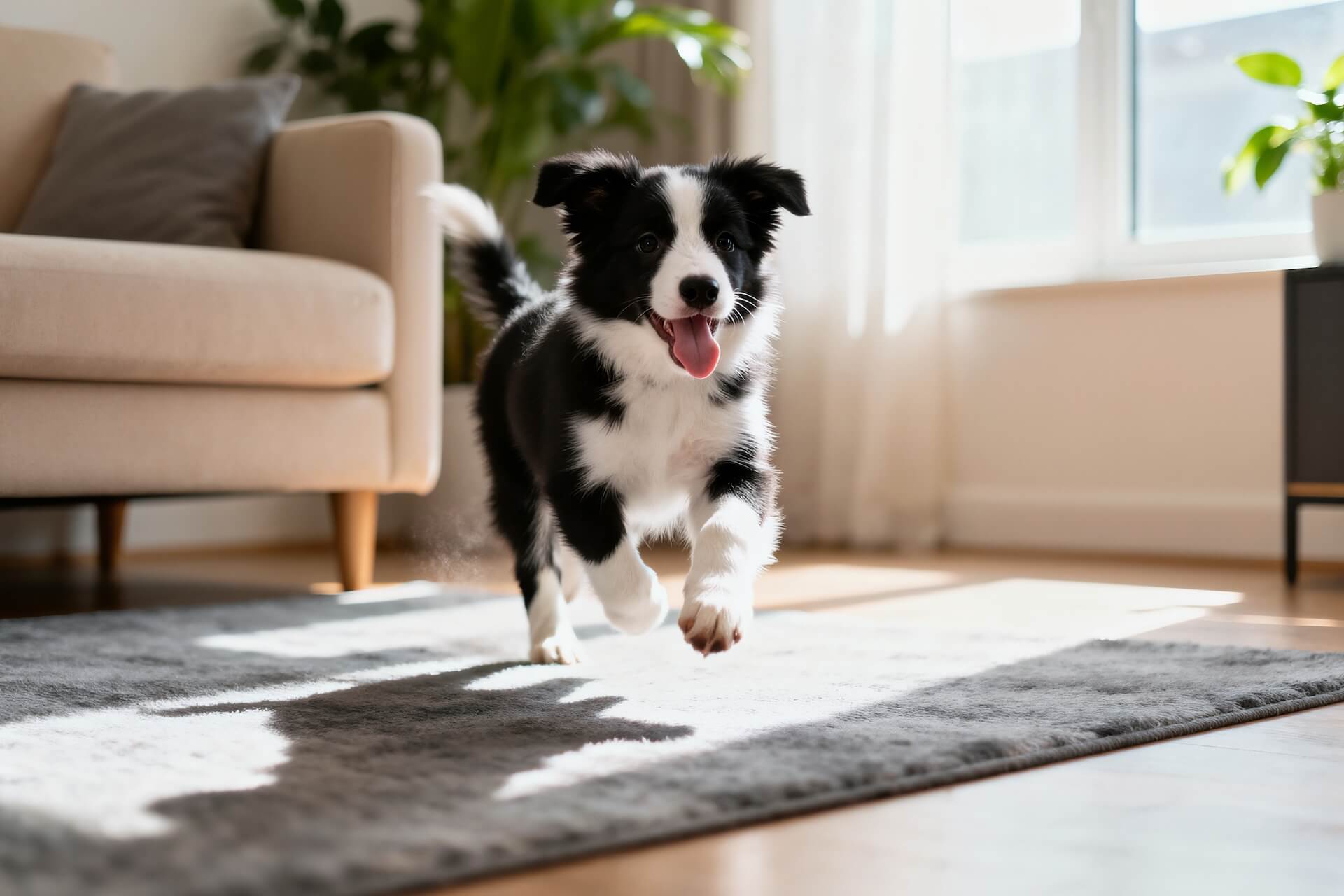 cute black and white puppy running in the house